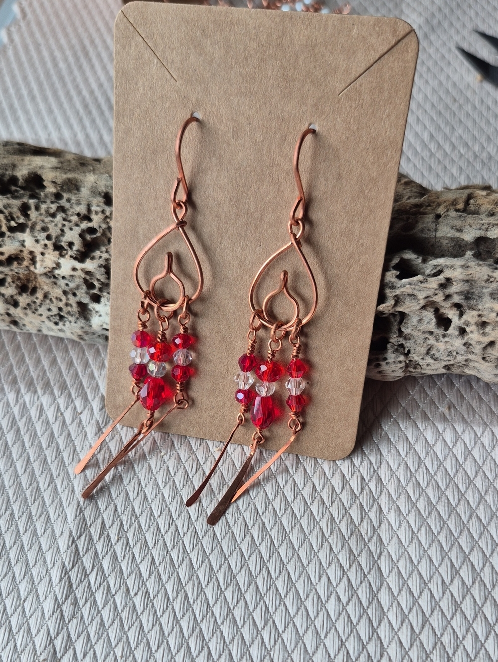 Copper Teardrop Dangle Earrings with Red Beads - Women Jewelry